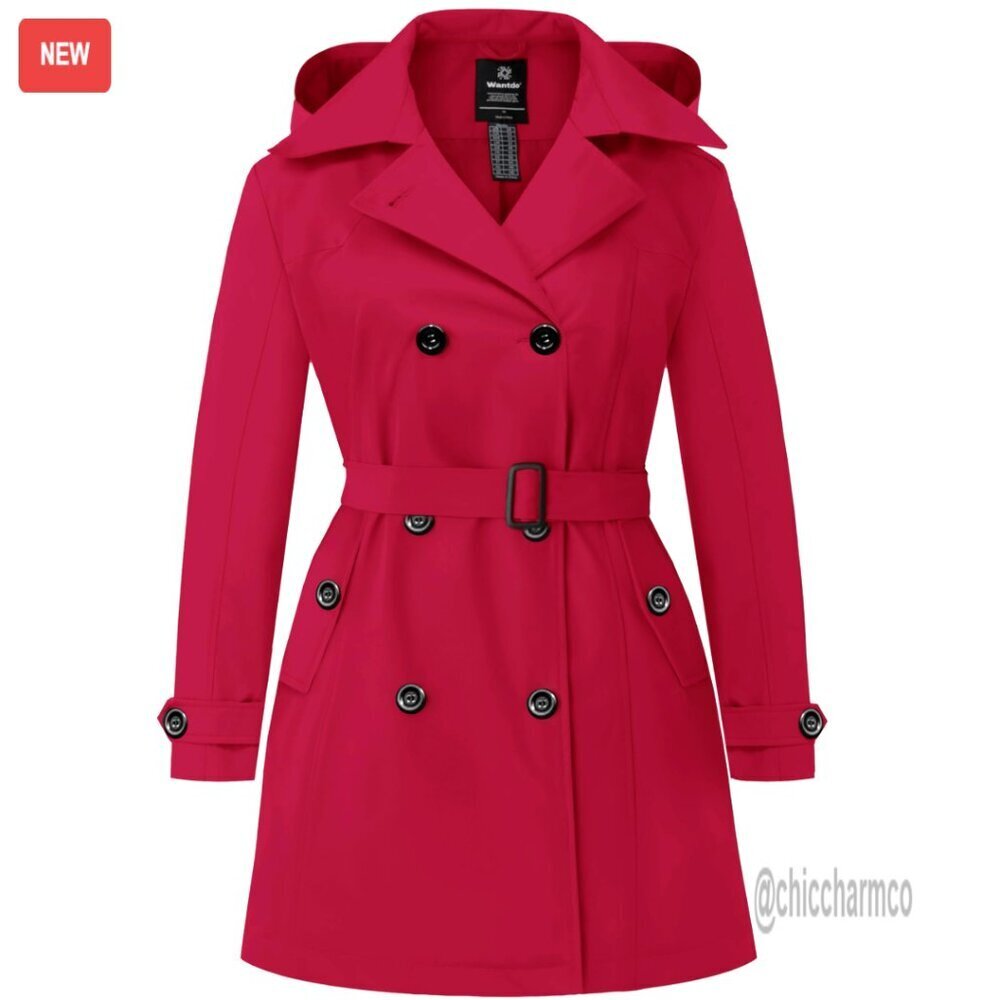Plus Size Trench Coat Waterproof Double-Breasted Detachable Hood Overcoat